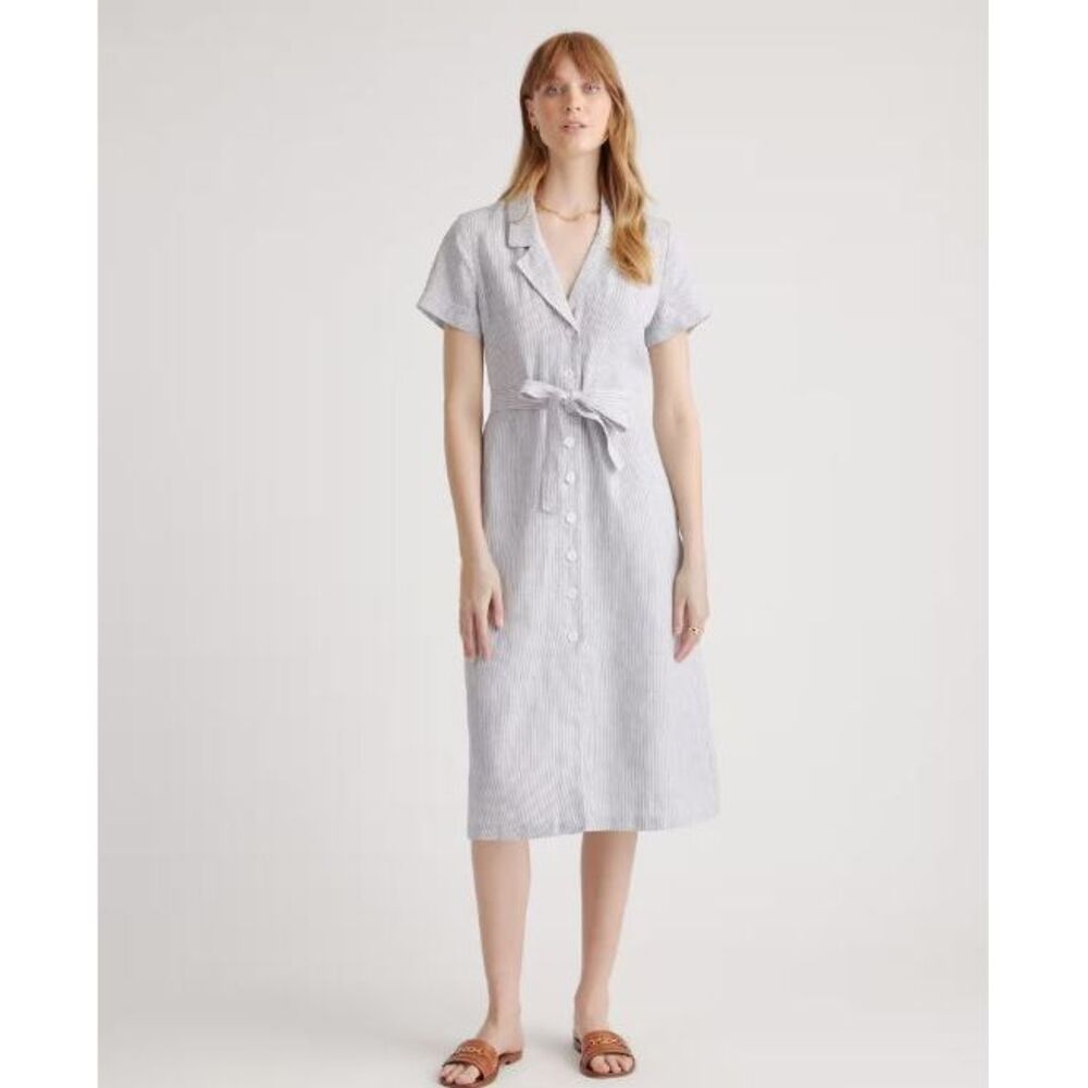 Quince Light Blue and White Striped Midi Shirt Dress